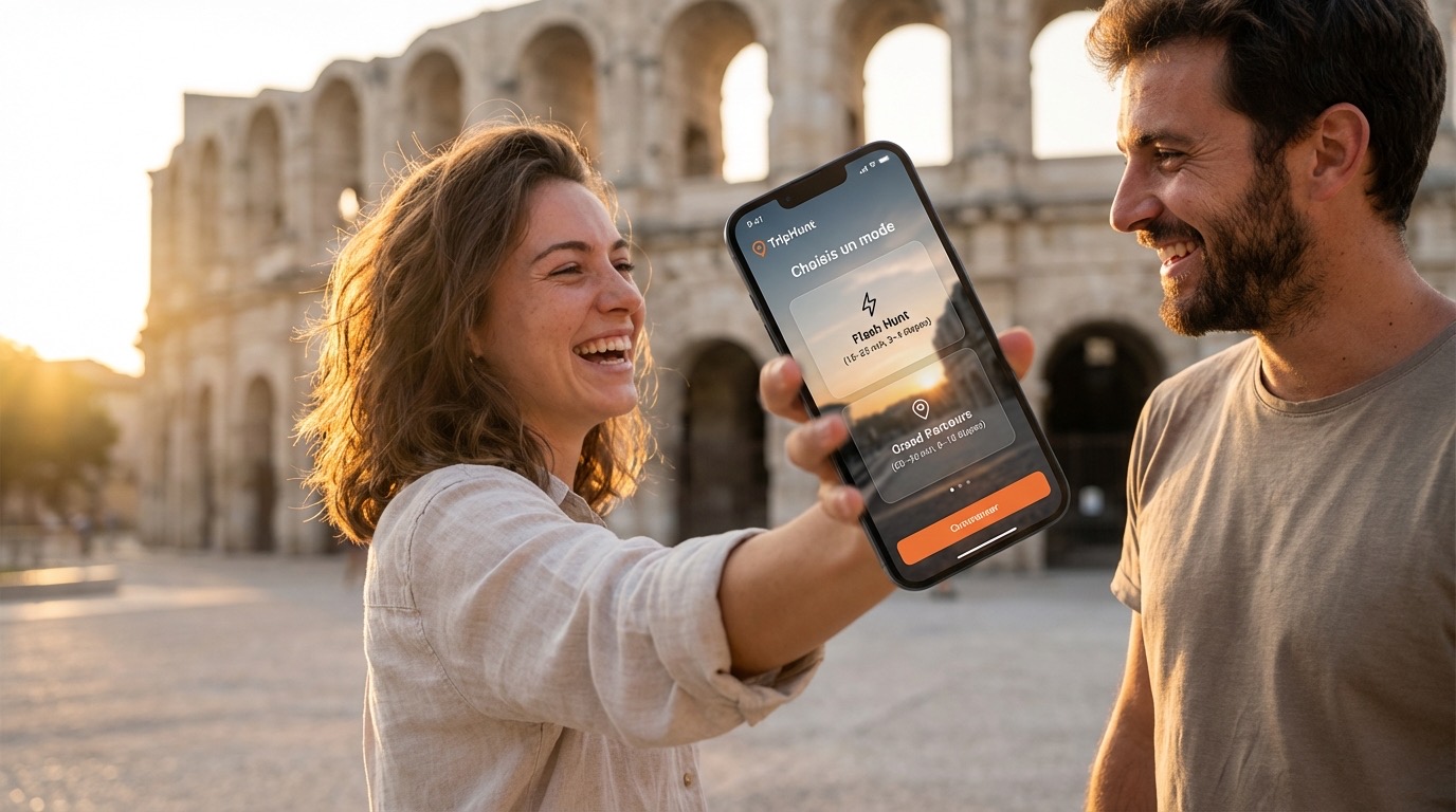 Two friends launching a TripHunt Game mode on a phone