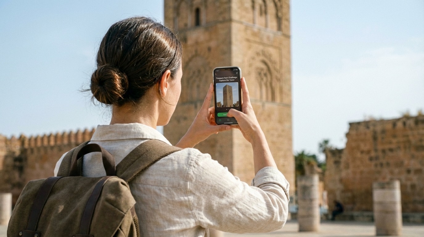 Player pointing a phone at a landmark during exploration